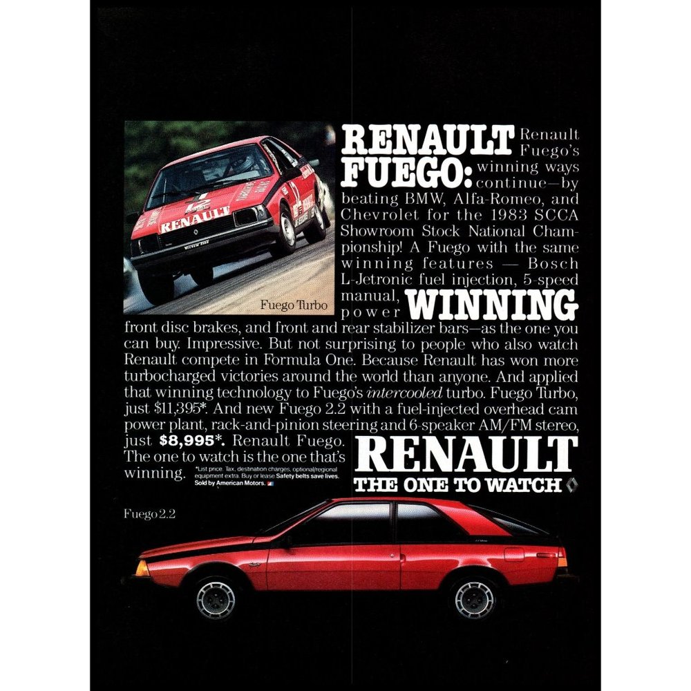 1984 Renault Fuego 2.2 Sports Car Vintage Print Ad Turbo Race Car Wall Art
